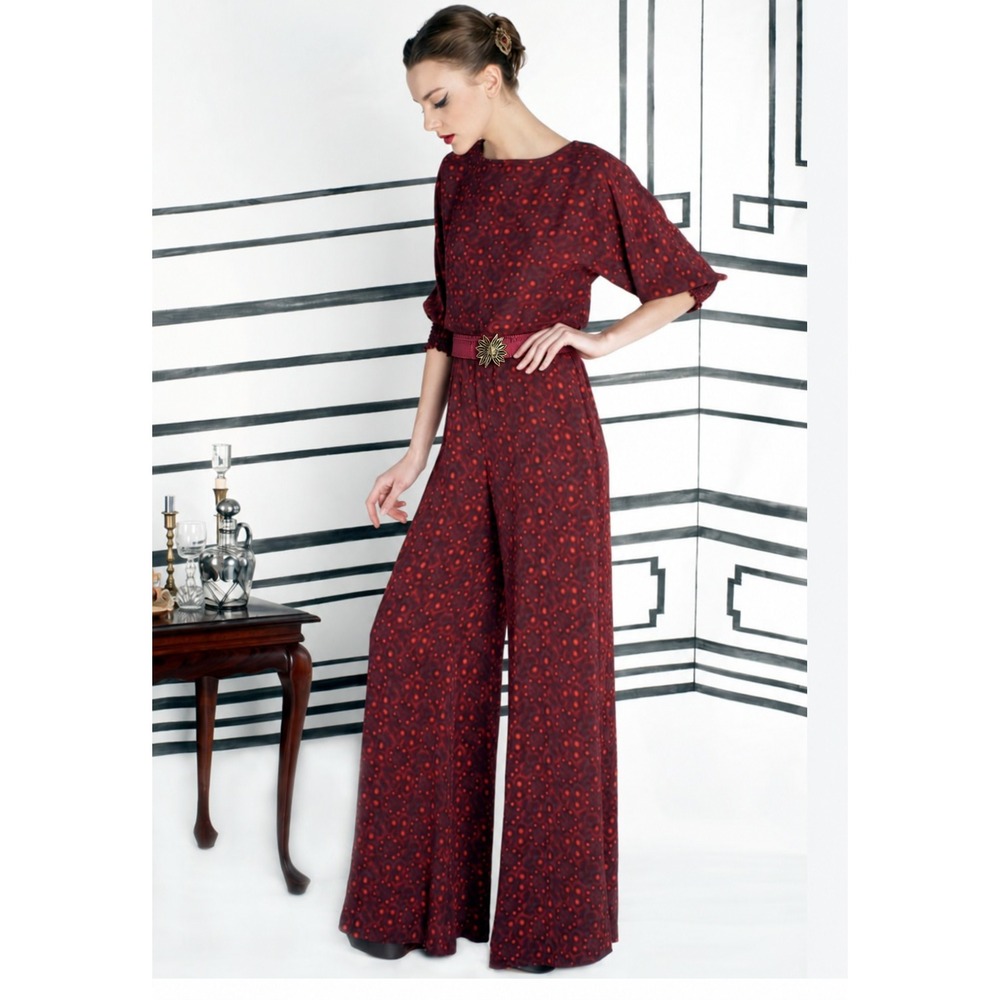 Alice + Olivia Leiby Wide Leg Belted Jumpsuit Bordeaux Dot Size L Dark Red